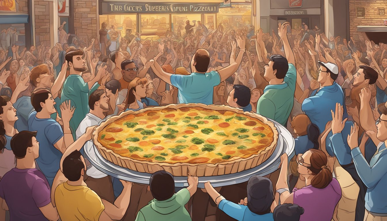 A towering quiche challenge displayed at Rocky's Pizzeria, surrounded by cheering spectators