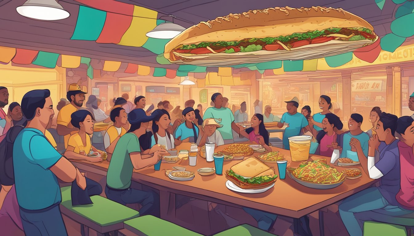 A bustling taqueria with a giant burrito challenge on a colorful table, surrounded by cheering patrons and a festive atmosphere