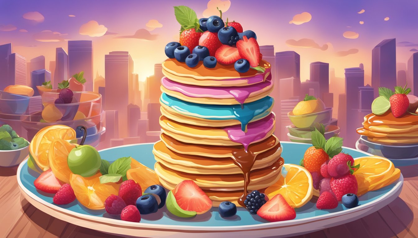 A towering stack of 10 colorful pancakes topped with syrup and fruit, surrounded by cheering onlookers