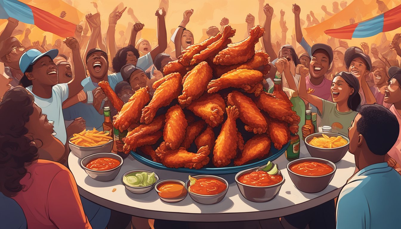 A table piled high with fiery hot chicken wings and bottles of hot sauce, surrounded by cheering spectators