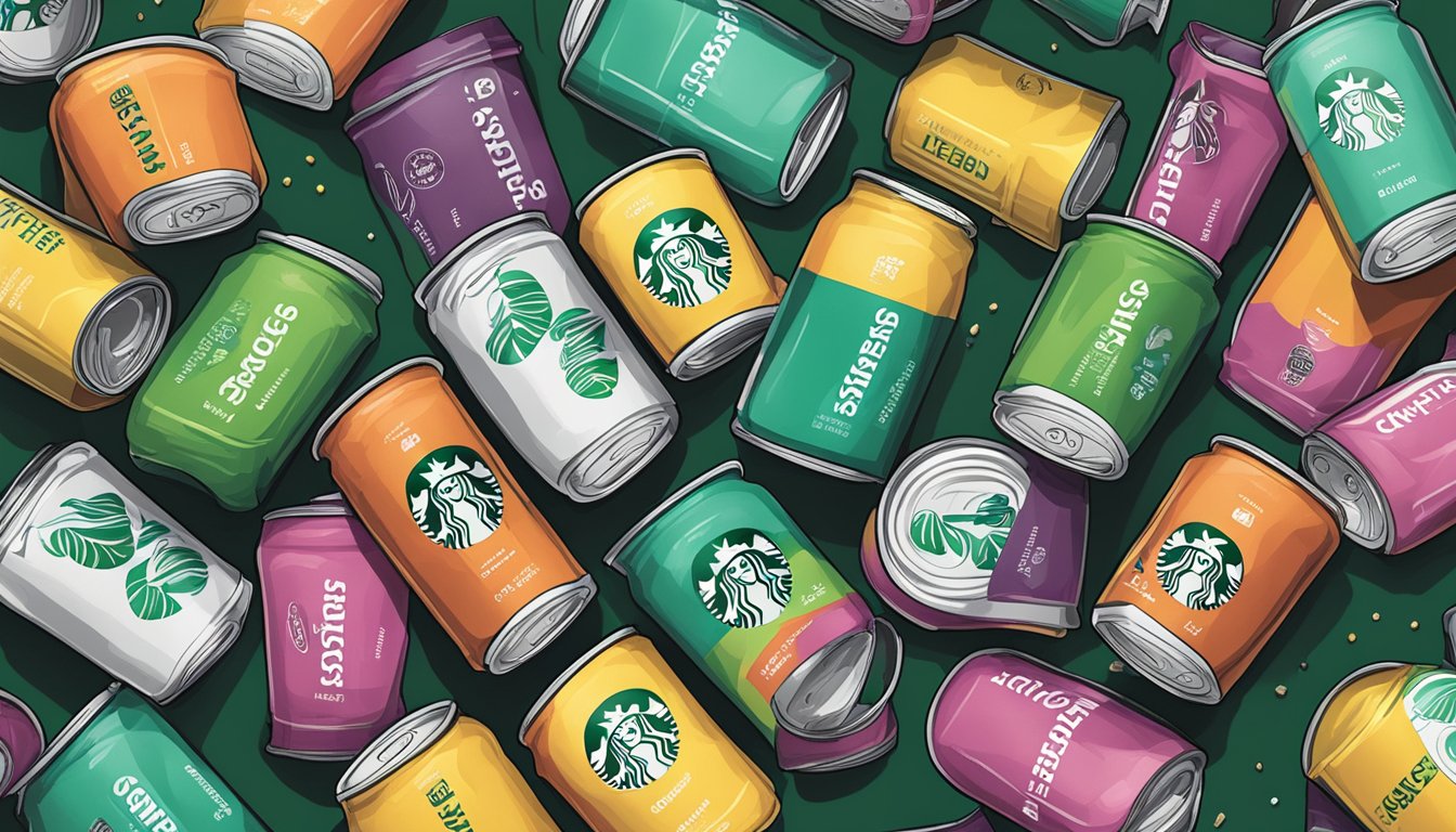 A table with multiple empty Starbucks Refreshers cans stacked on top of each other, surrounded by scattered caffeine pills