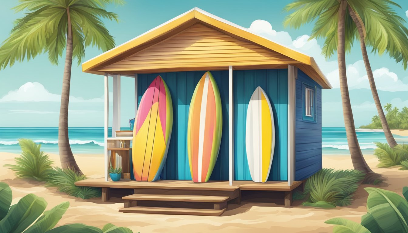 A colorful beach hut with a giant sandwich and surfboards, surrounded by palm trees and ocean waves