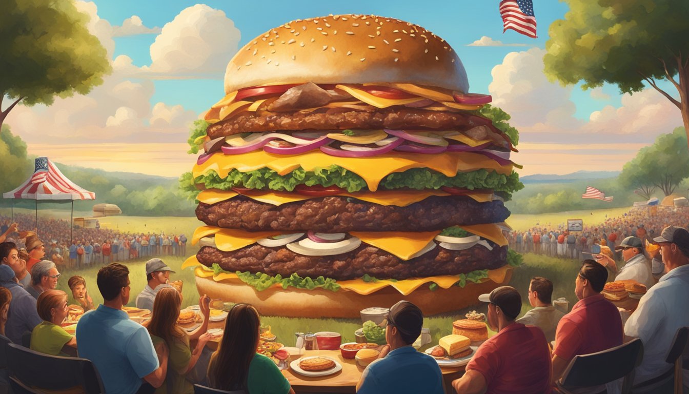 A massive burger surrounded by onlookers, with towering stacks of meat, cheese, and toppings. The challenge is set against a backdrop of the Alabama countryside