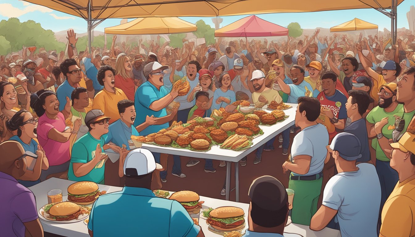 A table filled with towering burgers, spicy wings, and massive burritos, surrounded by cheering onlookers at an Arizona food challenge event