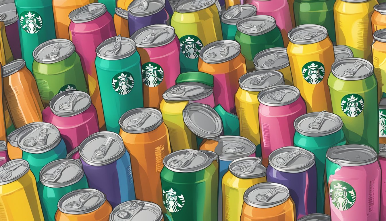 A table with multiple empty Starbucks Refreshers cans, surrounded by scattered energy drink bottles