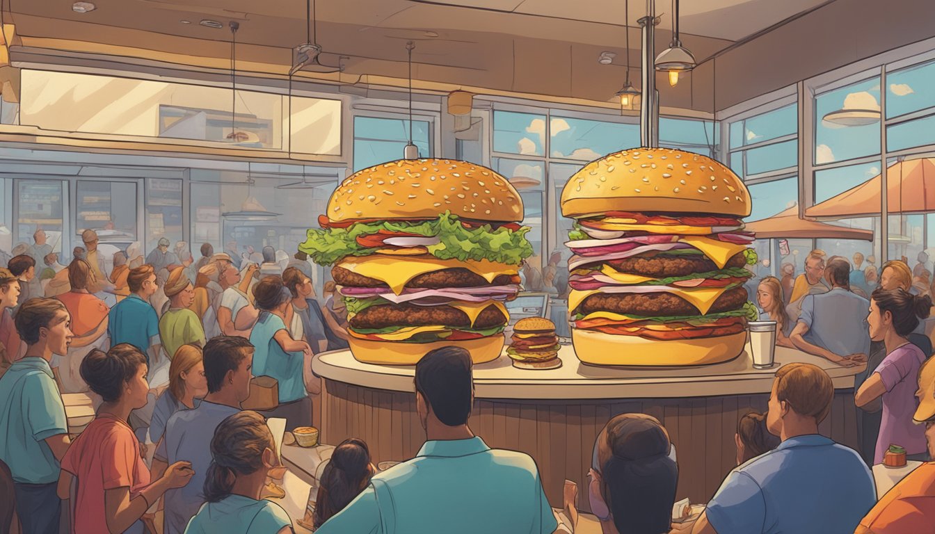 A towering burger with multiple patties, cheese, and toppings, surrounded by a crowd of onlookers in a bustling Alabama restaurant