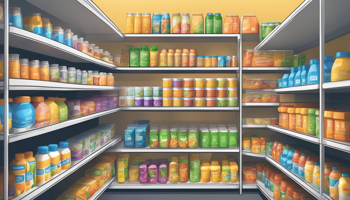 A crowded pantry shelf filled with multiple containers of Boost nutritional drinks, some partially empty