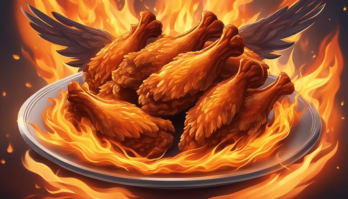 A plate of blazing hot chicken wings surrounded by flames