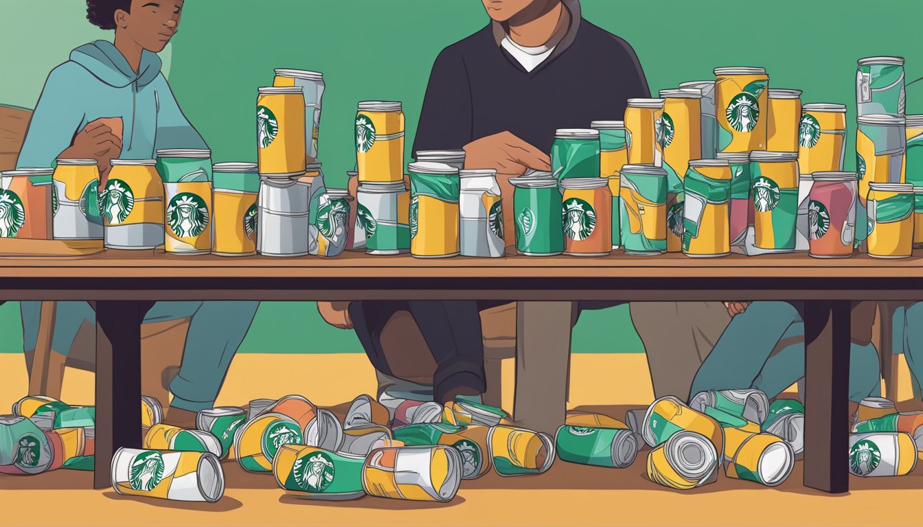 A table with multiple empty Starbucks Refreshers cans scattered around, with a concerned person looking at them