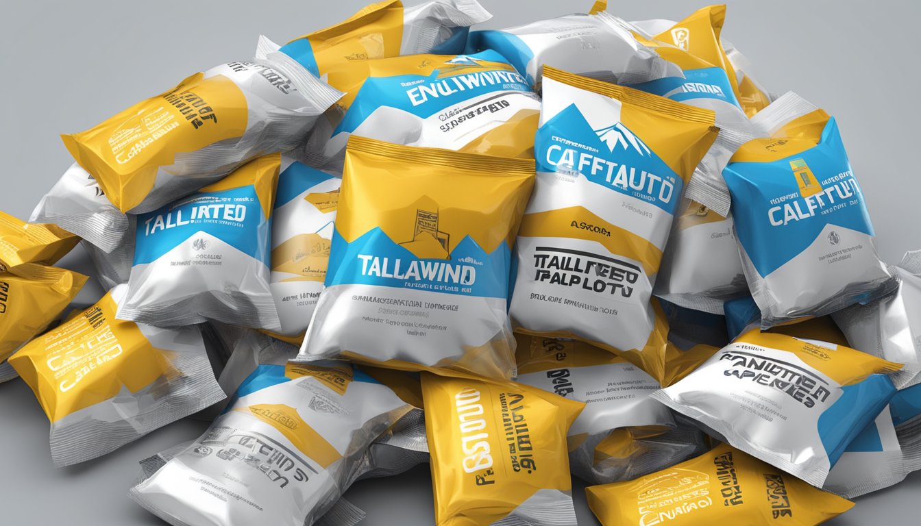 A mountain of empty Tailwind Caffeinated Endurance Fuel packets surrounded by caution signs