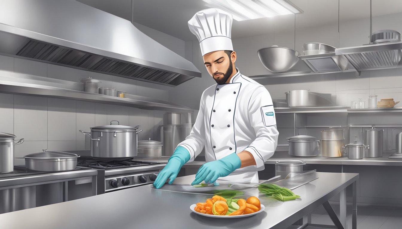 A chef wearing a protective apron and gloves prepares food in a clean, organized kitchen with proper ventilation and fire safety equipment