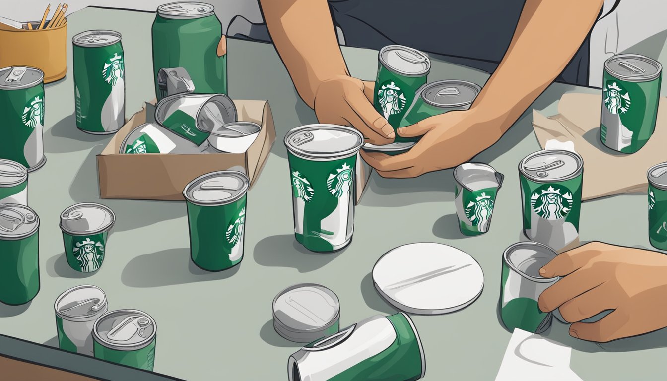 A table with multiple empty Starbucks Refresher cans scattered around, some half-full, with a person holding a full can, looking uncertain