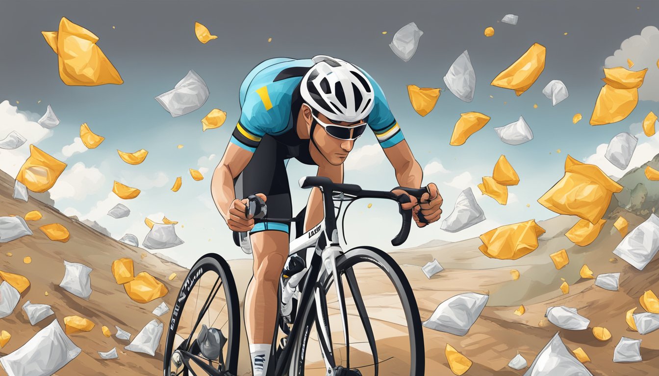 A cyclist with multiple empty sachets of Tailwind caffeinated endurance fuel scattered around, looking fatigued and jittery