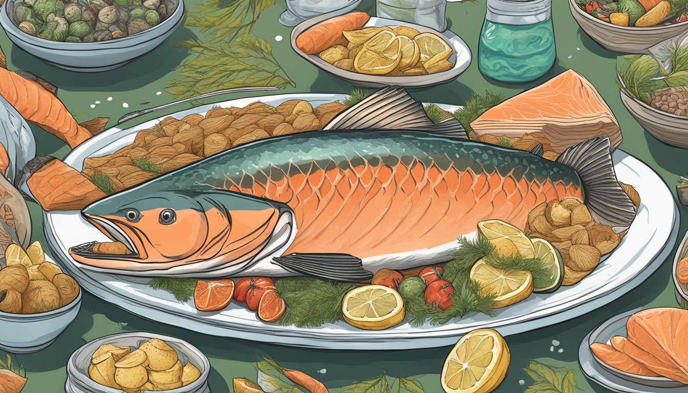 A giant salmon on a plate surrounded by various food challenges at the Slippery Salmon Derby in Alaska