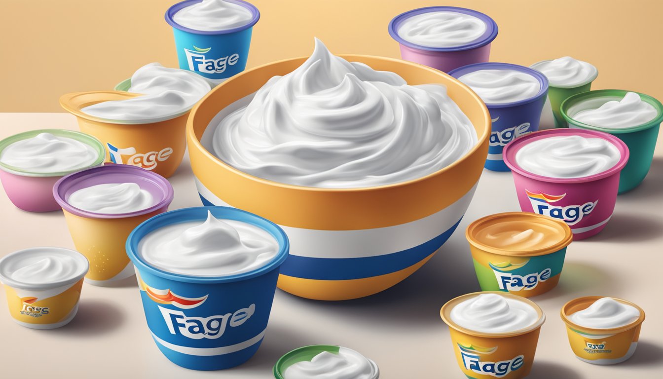 A bowl overflowing with multiple servings of Fage Greek yogurt, surrounded by empty containers