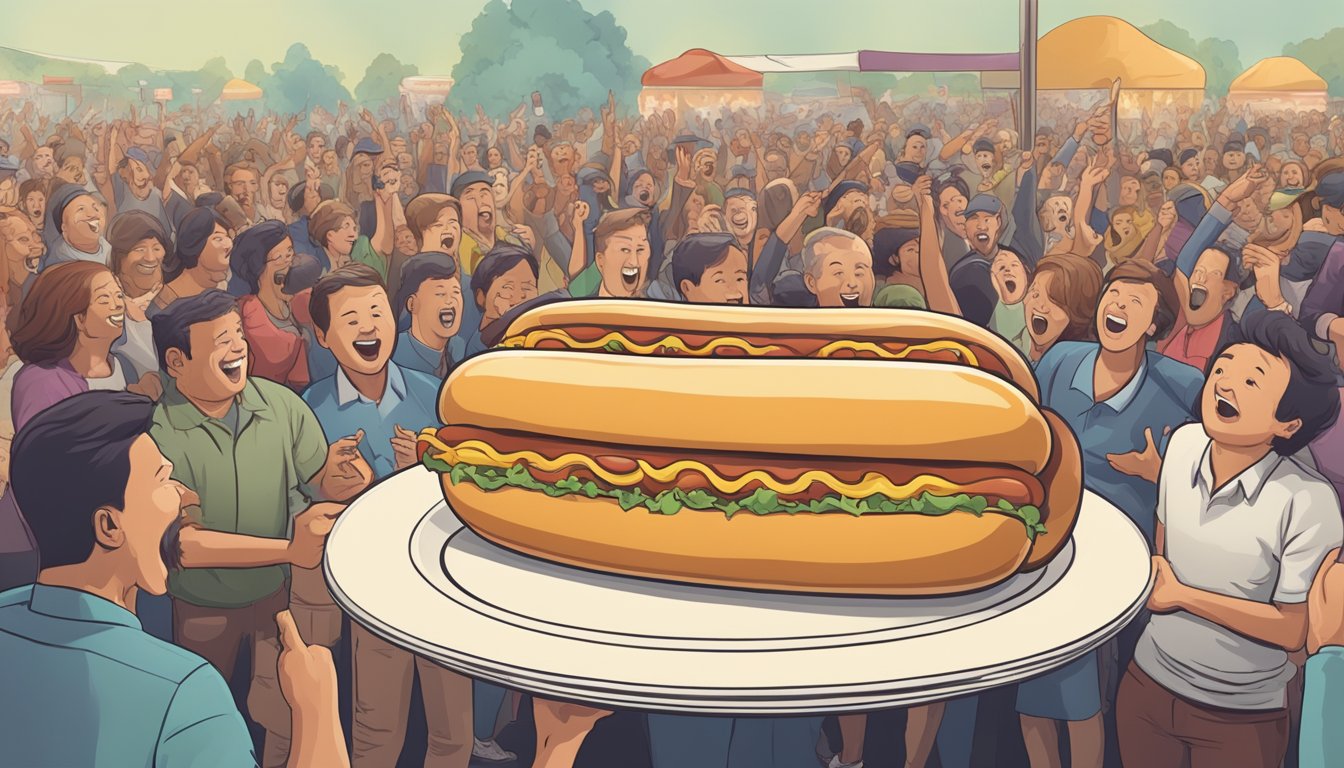 A giant hot dog on a plate surrounded by a crowd, with a timer and a cheering audience in the background