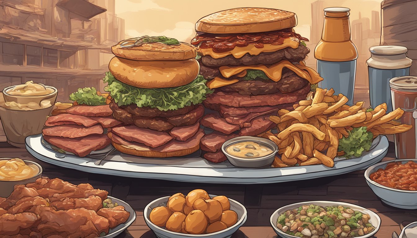 A towering stack of assorted meats, dripping with grease and sauce, surrounded by onlookers with wide eyes and eager appetites