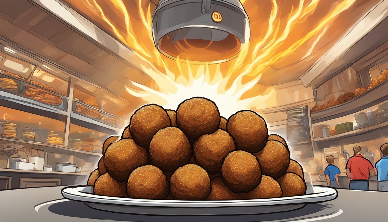 A towering stack of sizzling boudin balls, surrounded by a fiery halo, ready for the ultimate Alabama food challenge