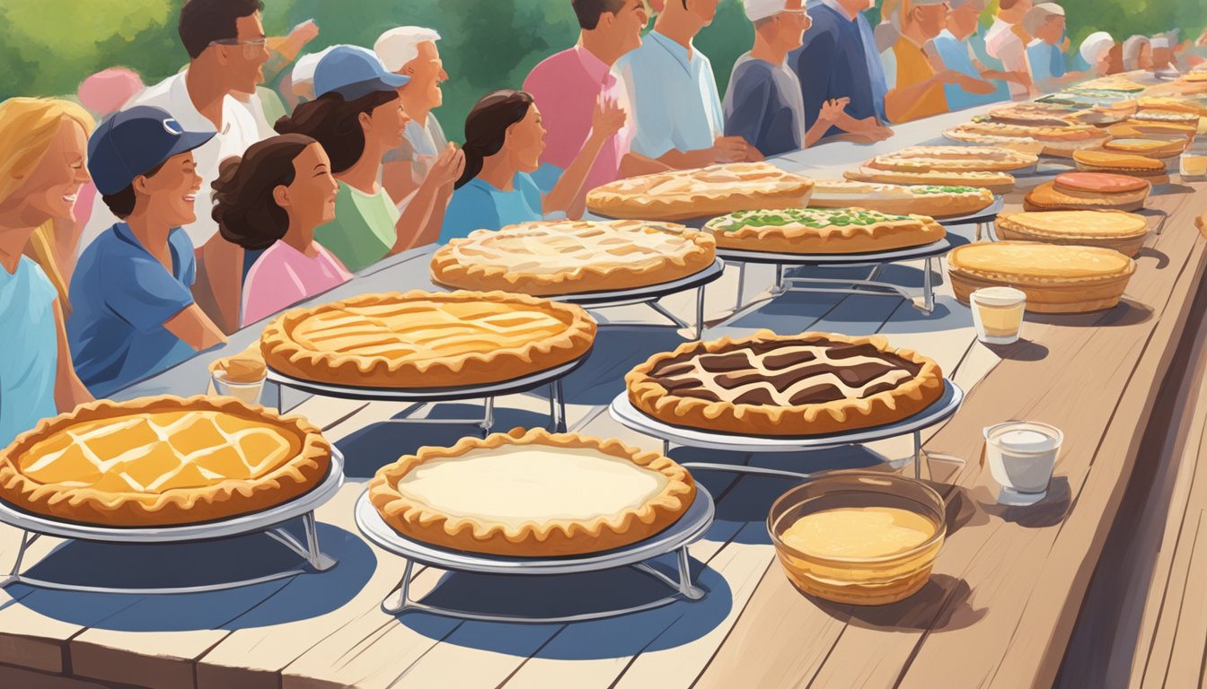 A row of pies lined up on a table, surrounded by cheering spectators in a lively outdoor setting