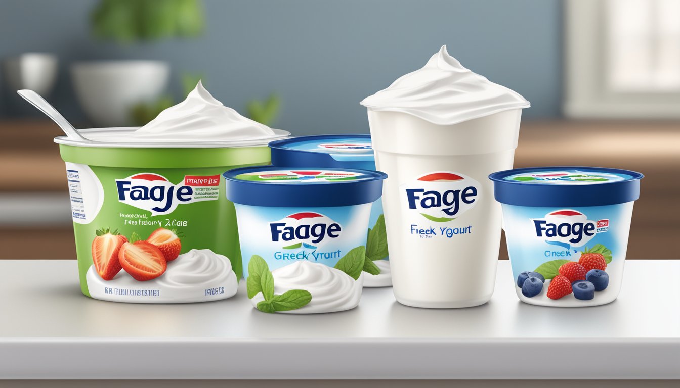 A table with multiple containers of Fage Greek yogurt, some empty, some full, and a serving size guide next to them