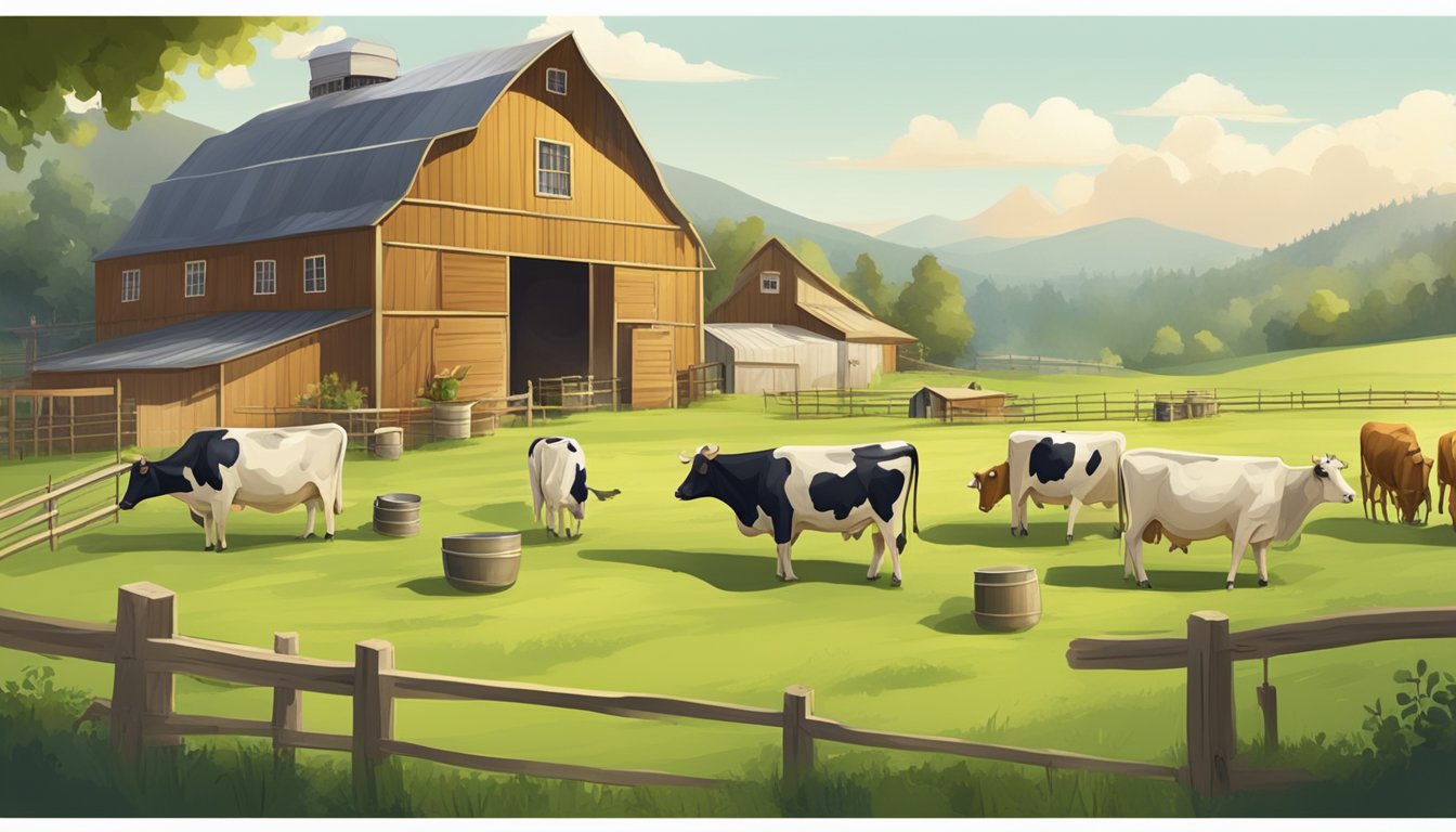 A small dairy farm with cows grazing in a lush green pasture, a rustic barn, and a cheese-making workshop with large vats and aging racks