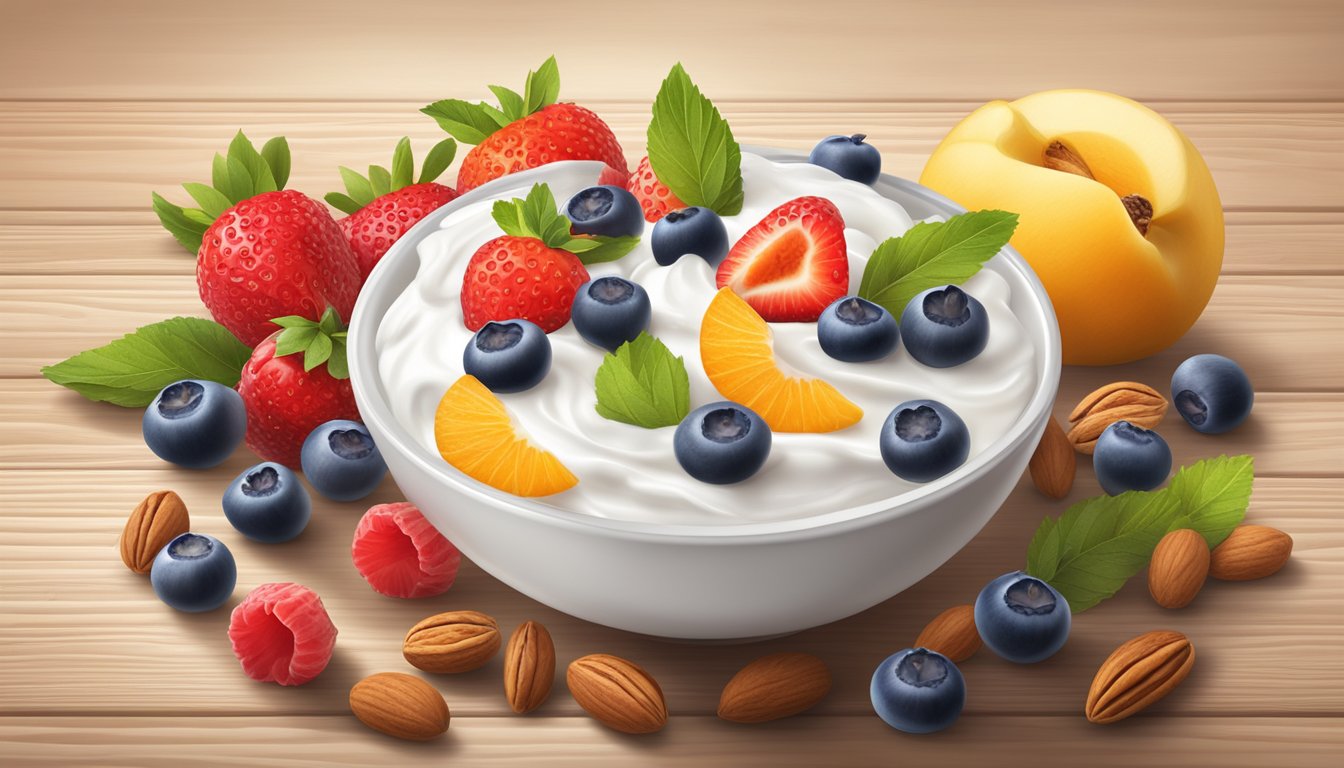 A bowl of Fage Greek yogurt surrounded by a variety of fruits and nuts on a wooden table