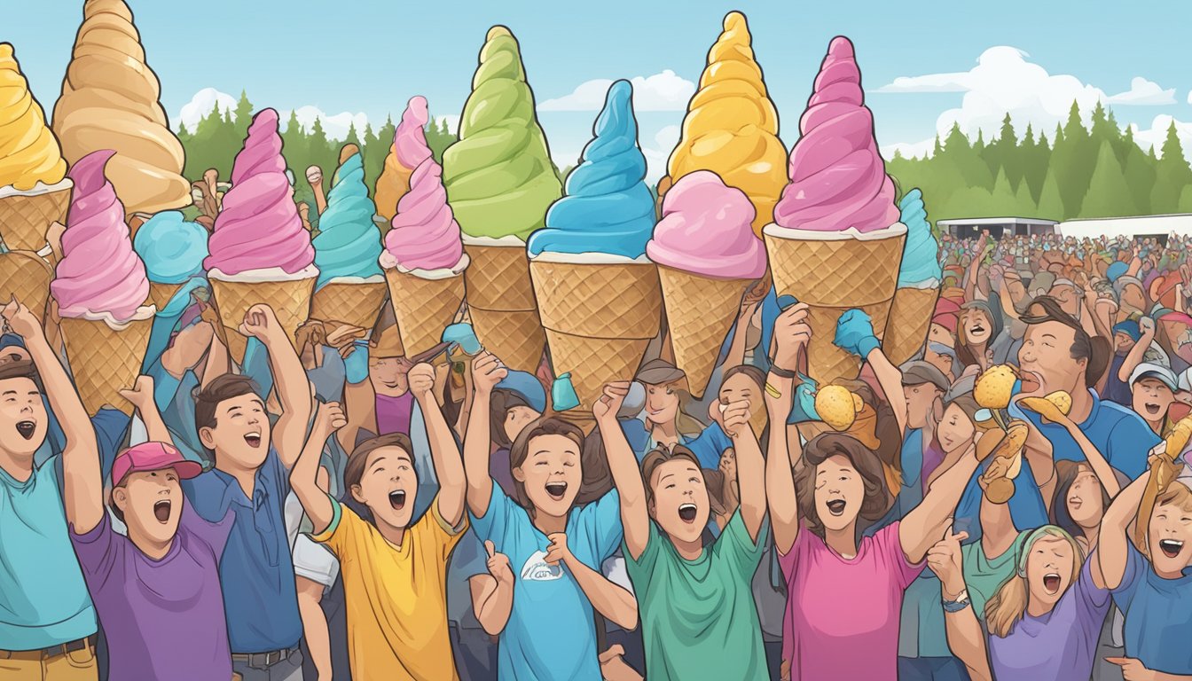 A colorful array of oversized ice cream cones surrounded by cheering spectators at the Fairbanks Ice Cream Showdown in Alaska