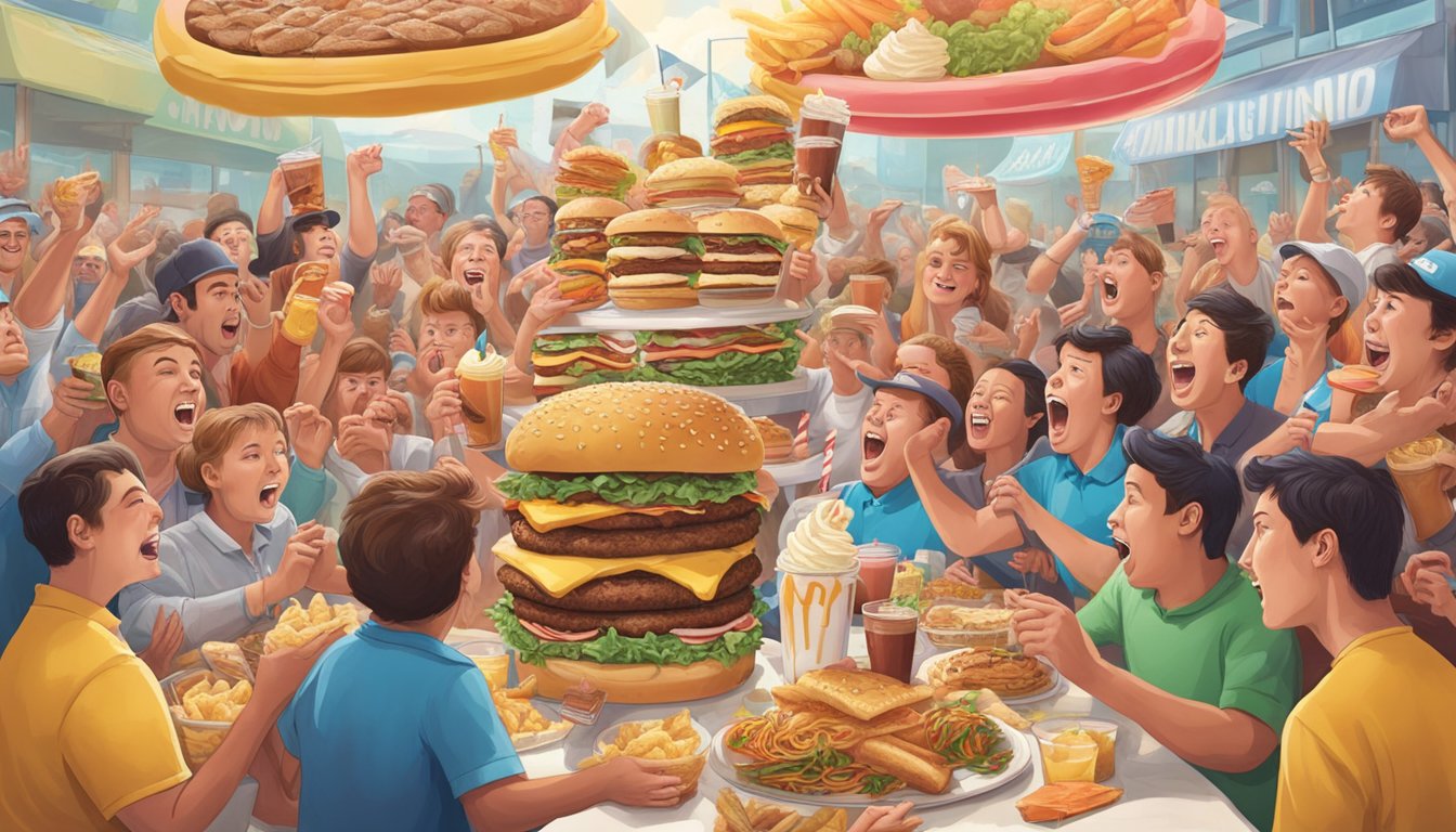 A table piled high with various food challenges, from giant burgers to massive milkshakes, surrounded by cheering onlookers