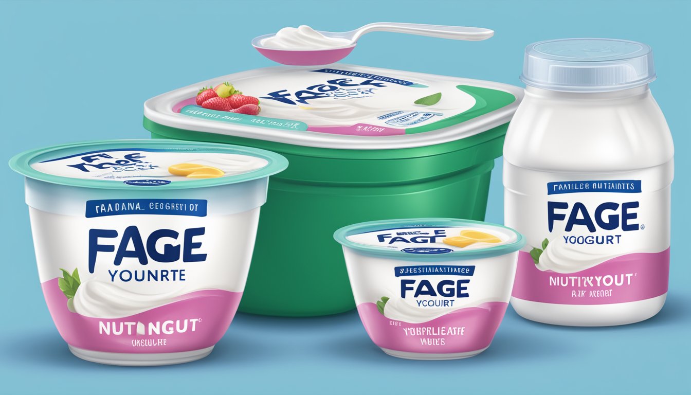 A table with multiple containers of Fage Greek yogurt, a measuring cup, and a nutrition label