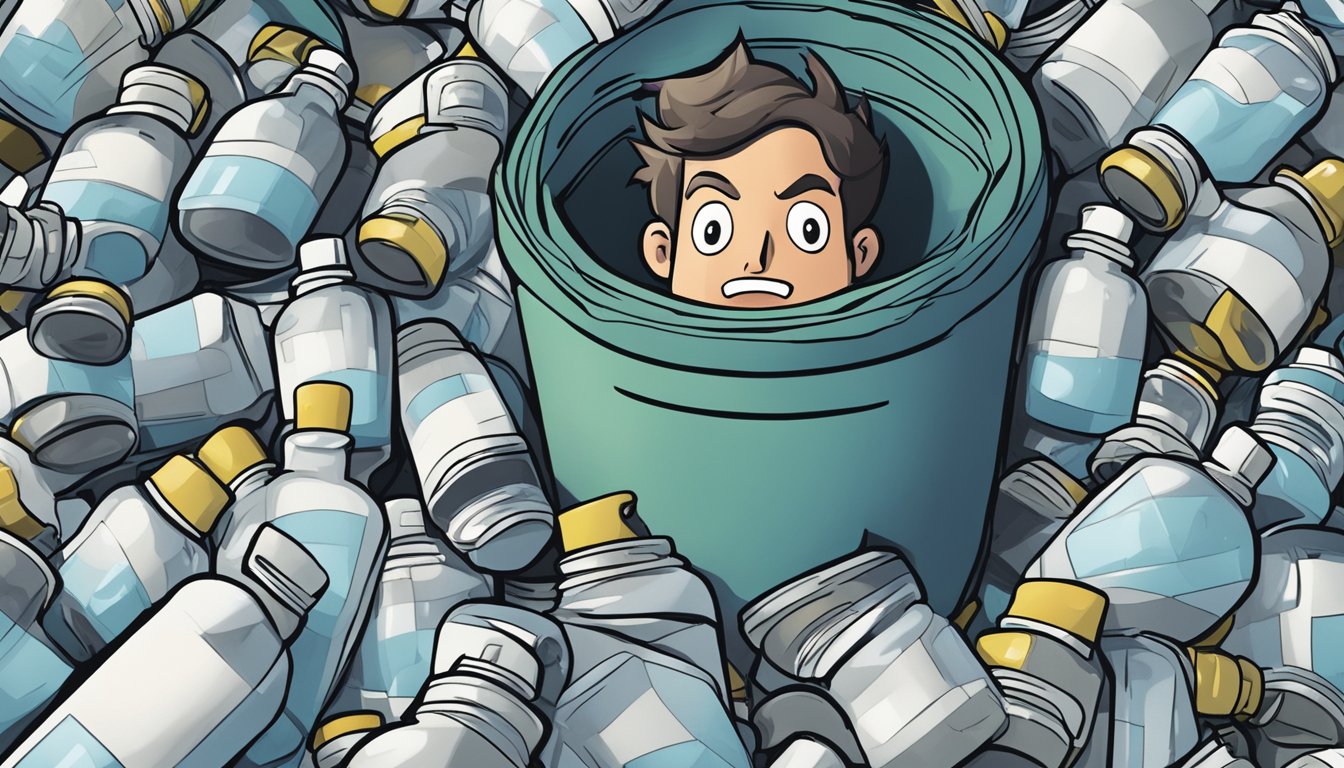 A stack of empty Neuro Sonic bottles, overflowing from a trash can, with a worried expression on a person's face