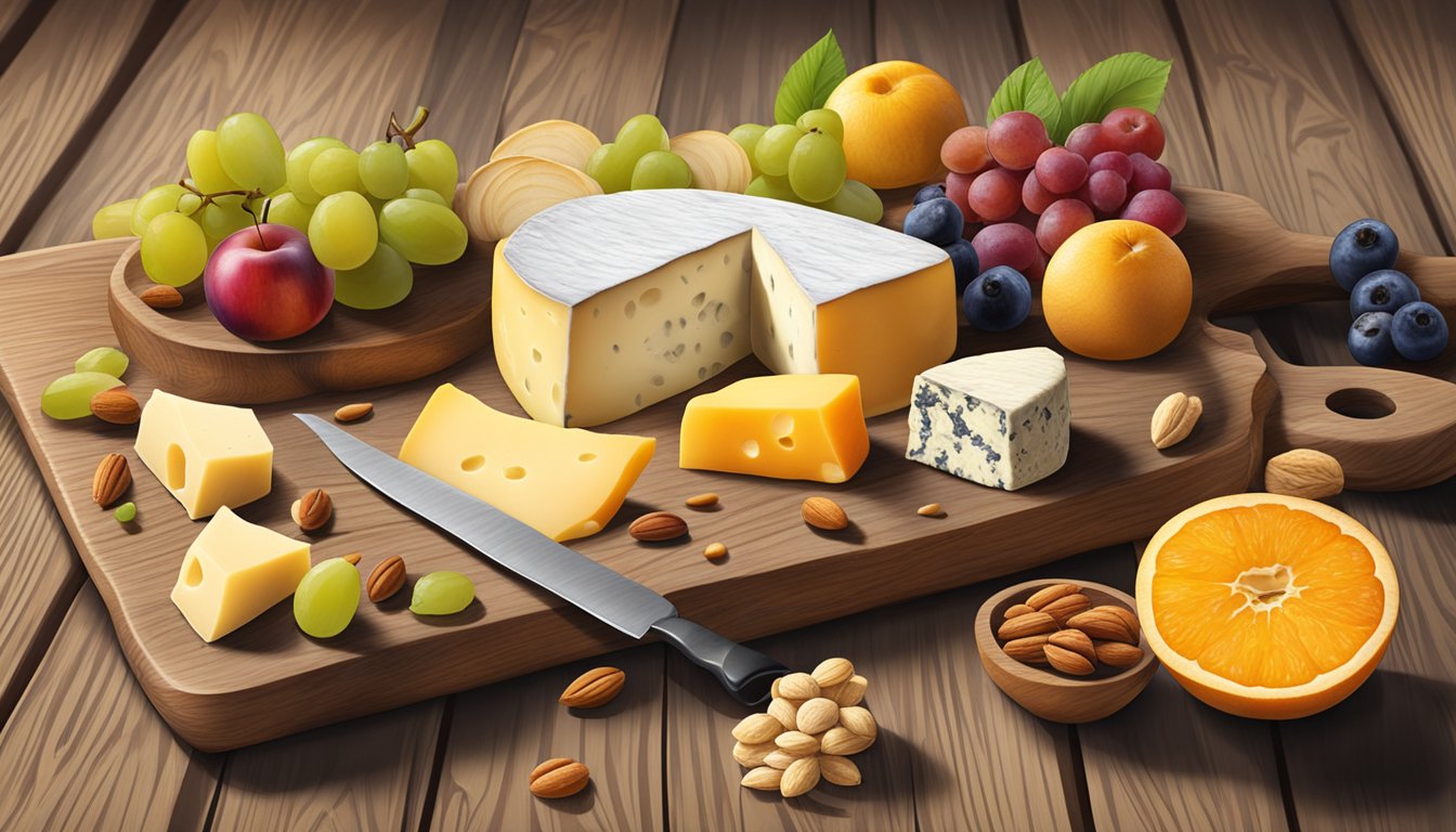 A rustic wooden board displays a variety of local artisan cheeses alongside fresh fruits and nuts, with a small knife and serving utensils nearby