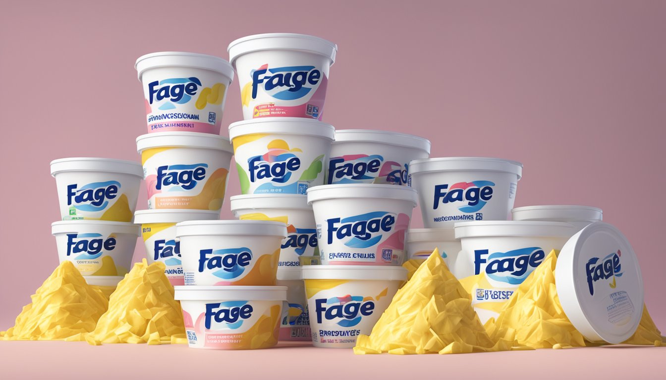 A mountain of Fage Greek yogurt containers stacked high, with warning signs and caution tape wrapped around them