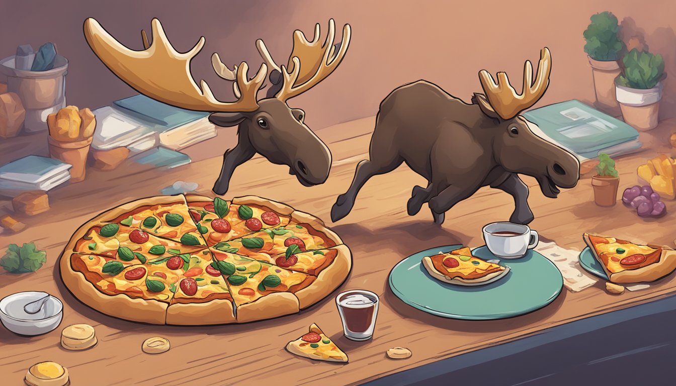 A moose-shaped pizza being devoured in a race against time