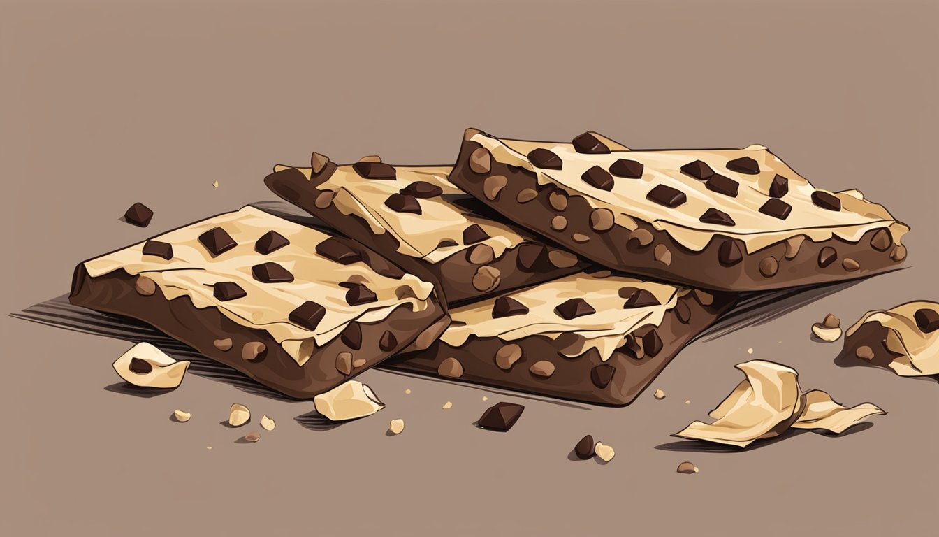 A table with multiple unwrapped junkless chocolate chip bars scattered around, with a crumpled empty wrapper nearby