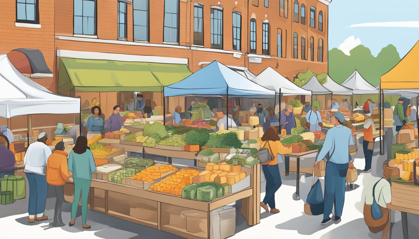 A bustling farmer's market, with colorful displays of artisan cheeses from local Delaware producers. Customers chat with vendors and sample the various cheeses on offer