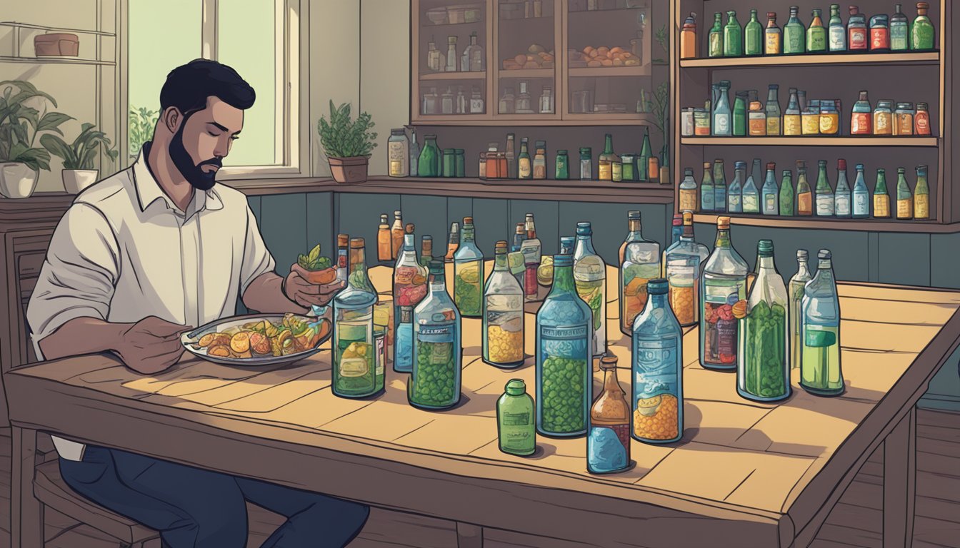 A table with multiple bottles of Neuro Sonic and a person pondering over the servings