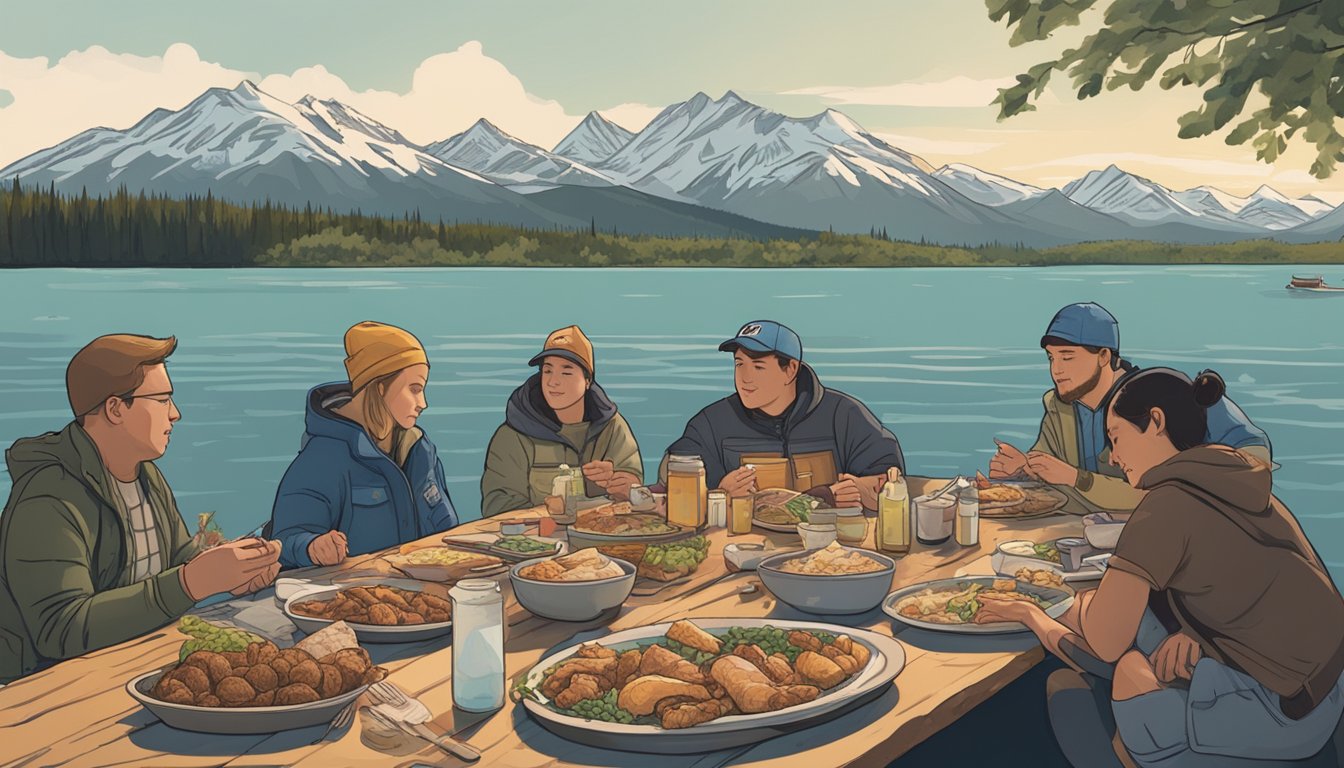 A group of people swim in the Kenai River while a feast of Alaskan food challenges is spread out on a table nearby