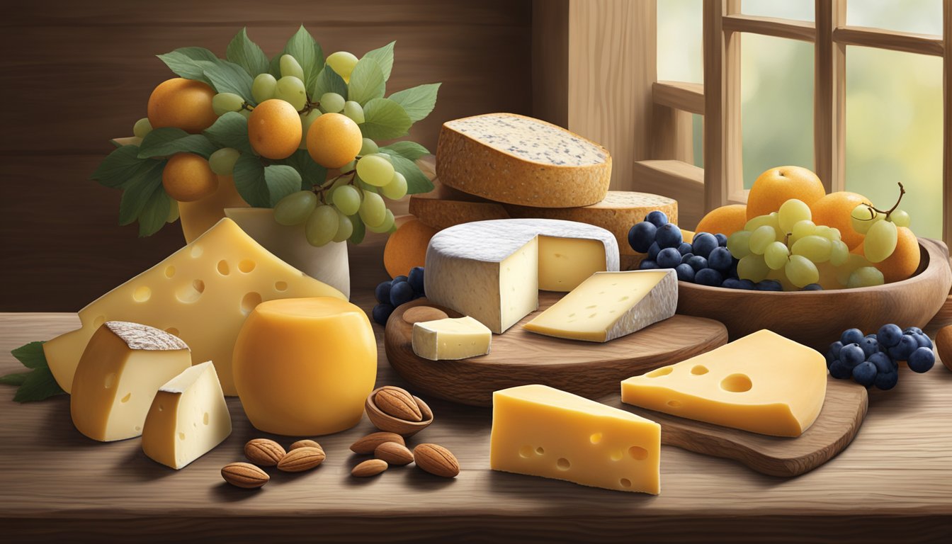 A rustic wooden table displays a variety of Delaware's artisan cheeses, accompanied by fresh fruits, nuts, and bread. A soft natural light highlights the textures and colors of the cheese