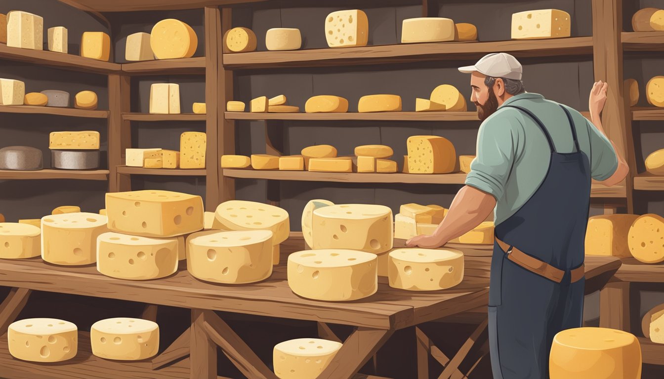 A rustic barn setting with shelves of aged cheese wheels and a local farmer inspecting a batch of freshly made artisan cheese