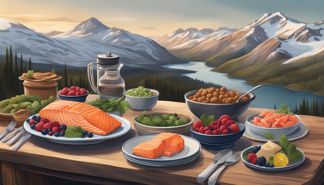 A table filled with traditional Alaskan foods like salmon, moose, and berries, surrounded by snowy mountains and a rugged landscape