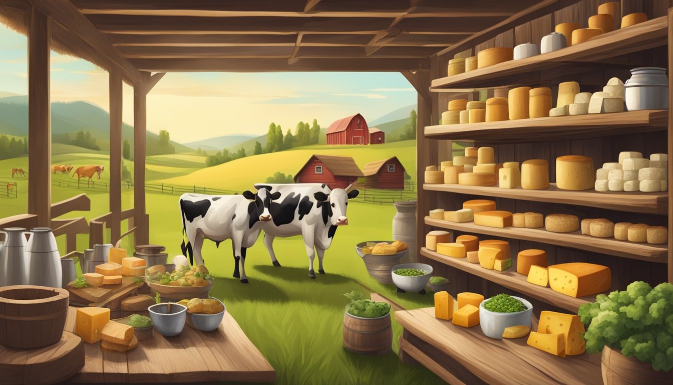 A rustic farm setting with cows grazing in a green pasture, a small cheese-making facility, and a variety of artisan cheeses aging on wooden shelves