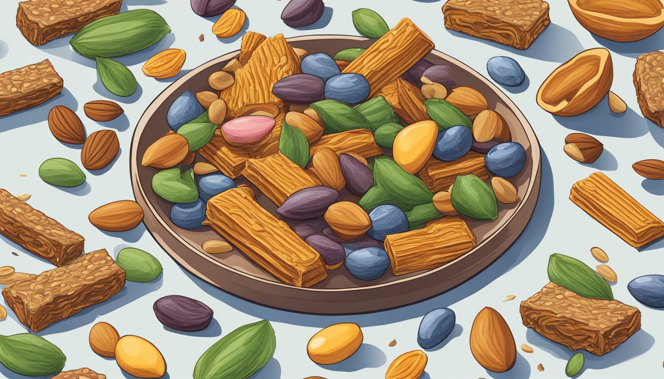 A colorful array of Blake's seed-based bars piled high on a plate, with a variety of seeds and nuts scattered around it