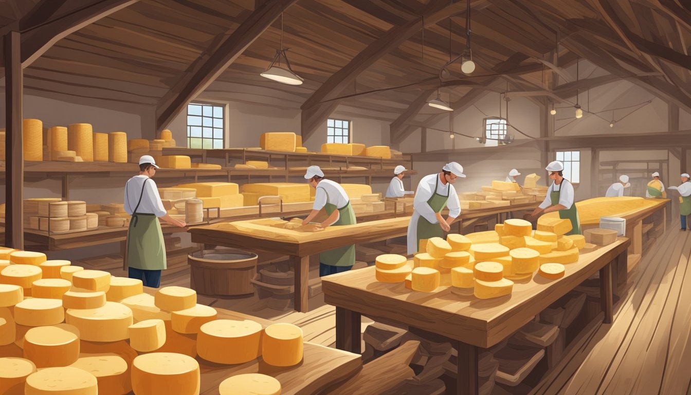 A rustic barn with shelves of aging cheese wheels, a wooden table for cutting and packaging, and workers in aprons tending to the cheese production process