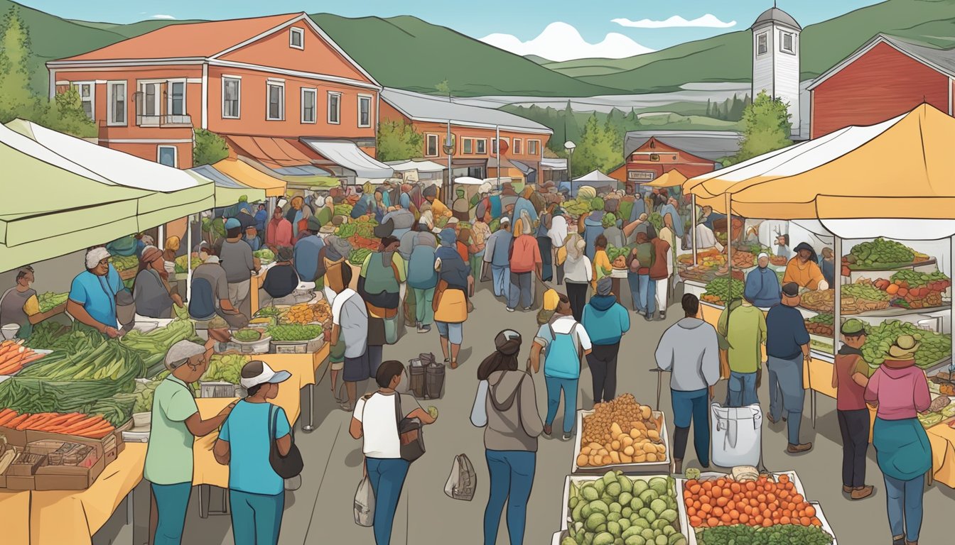 A bustling farmers market in Alaska with diverse food vendors and lively community members engaging in food challenges