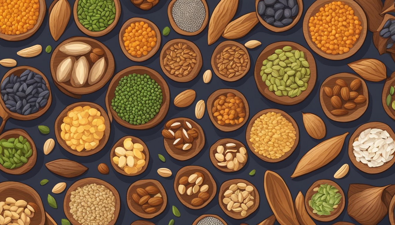 A colorful array of various seeds and nuts spread out on a rustic wooden table, with a few partially assembled seed-based bars in the background