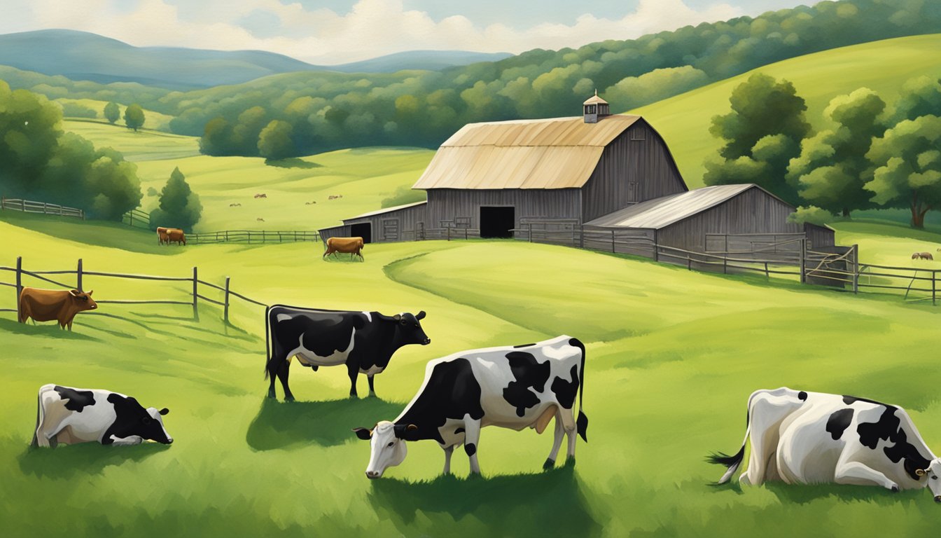 A rustic farm scene with rolling hills, a small dairy barn, and a group of contented cows grazing in a lush green pasture