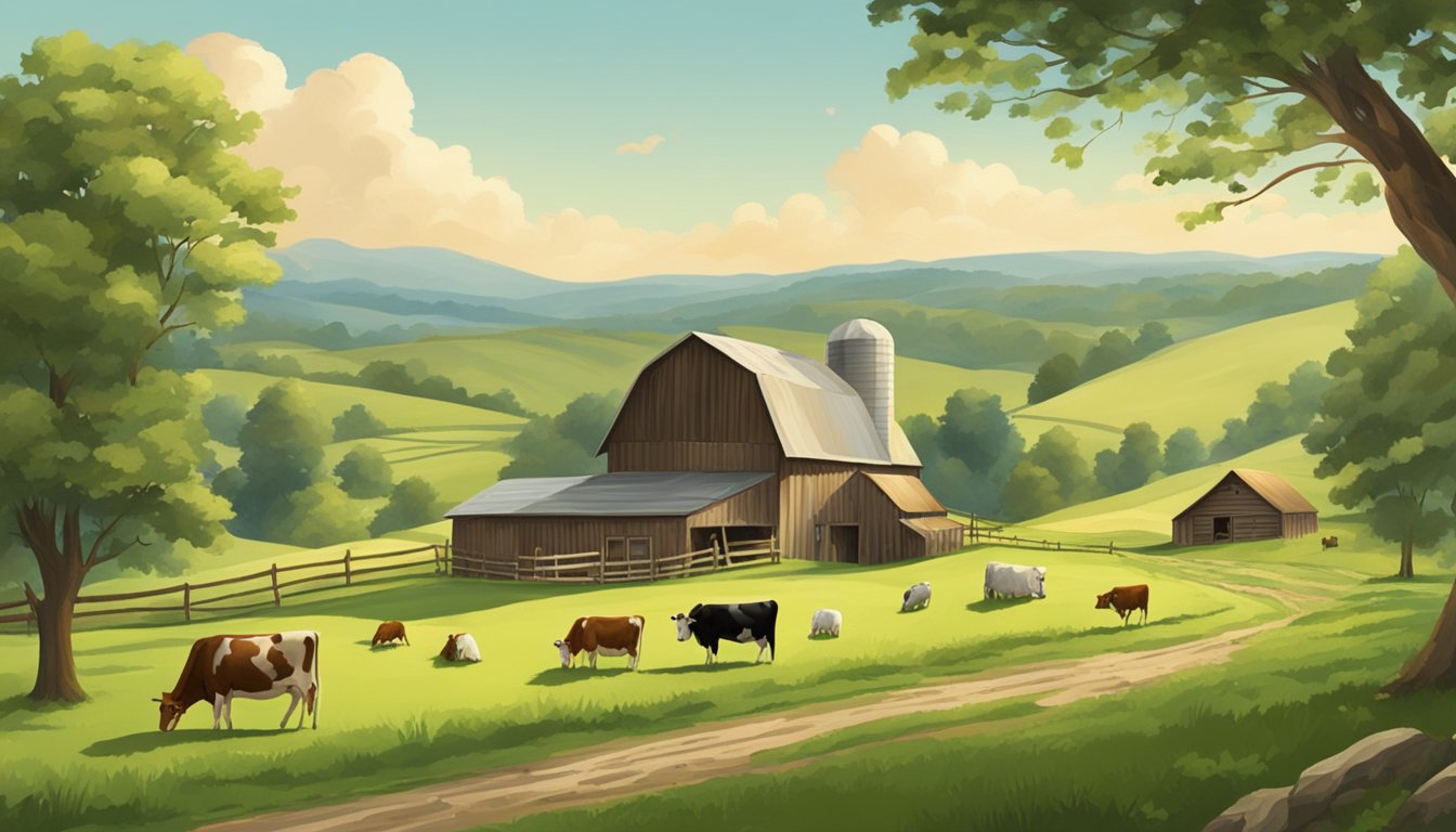 A picturesque farm scene with rolling green hills, a rustic barn, and a group of contented cows grazing in a lush pasture