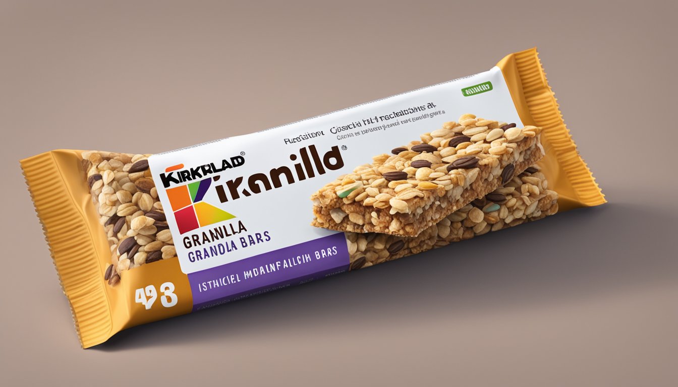 A pile of Kirkland granola bars stacked high, with a nutrition label in the background