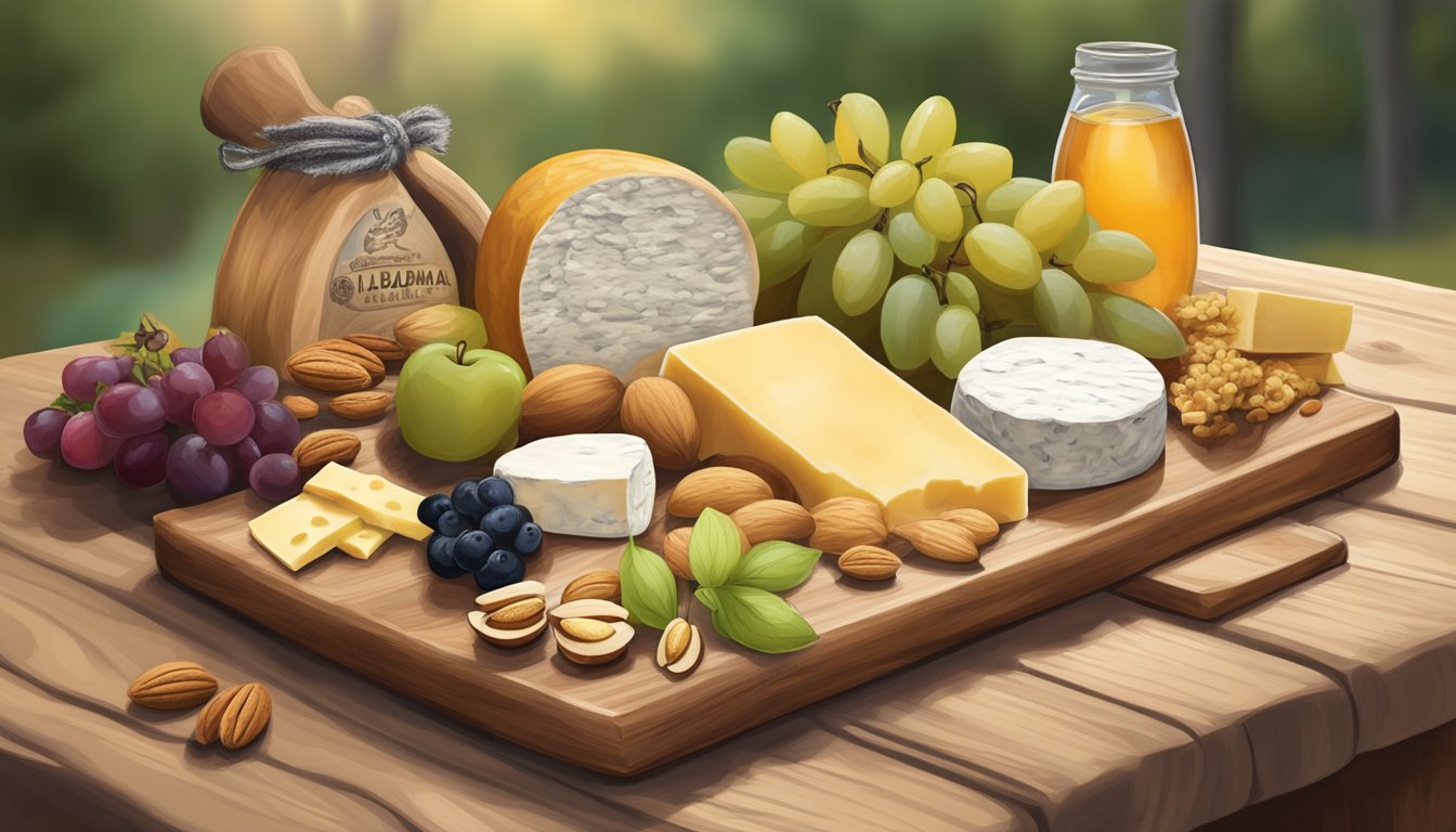 A rustic wooden cheese board adorned with a variety of locally made Alabama artisan cheeses, accompanied by fresh fruits, nuts, and honey