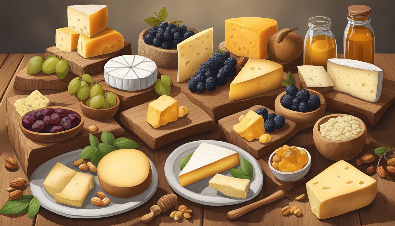 A rustic wooden table displays a variety of Arkansas artisan cheeses, accompanied by fresh fruits, nuts, and a selection of local honey and preserves